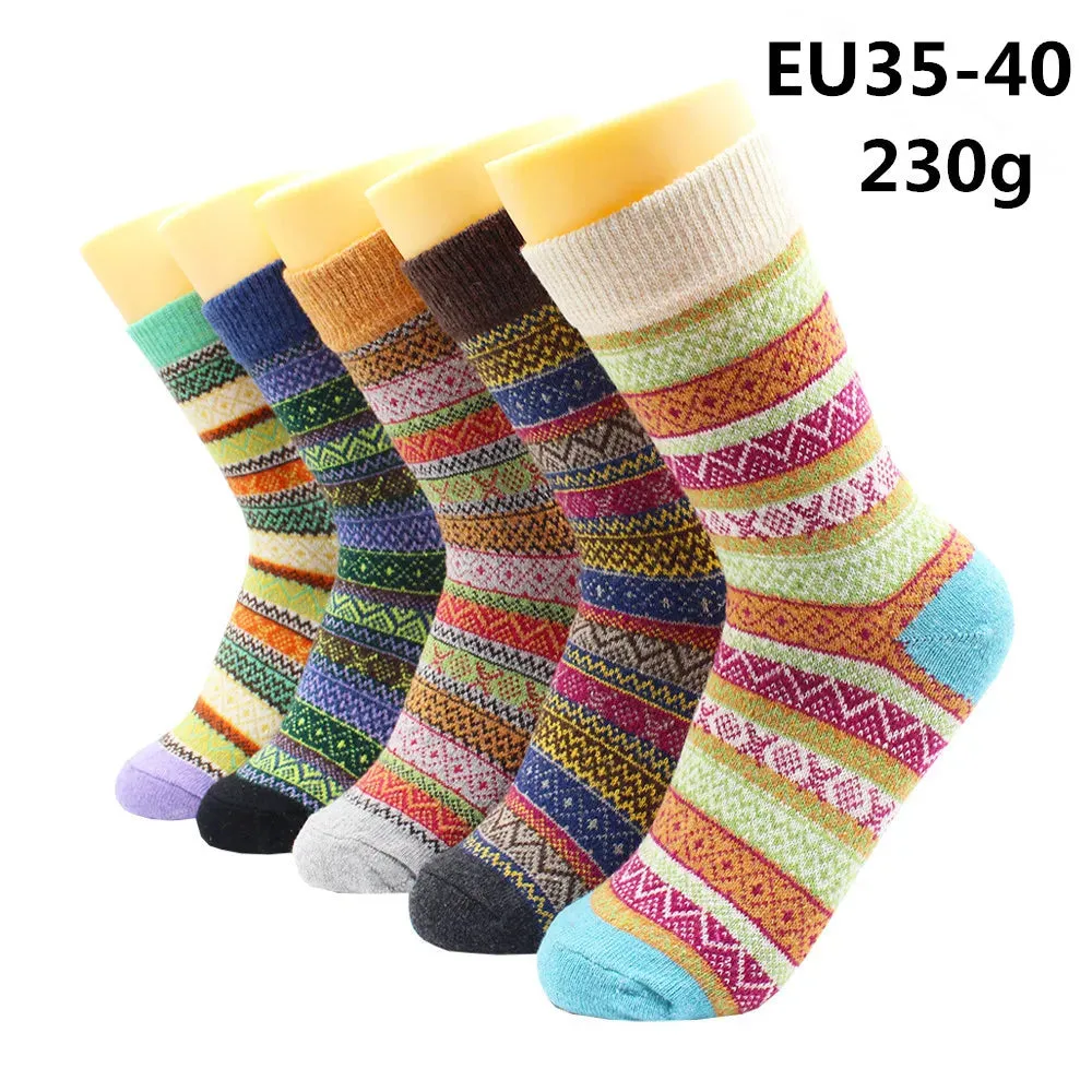 5 Pairs Winter Warmer Women Thicken Thermal Wool Cashmere Snow Socks Fashion Casual Euramerican National Wool Socks for Women