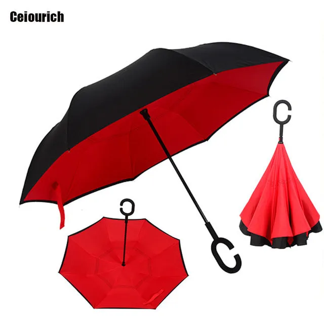 Ceiourich Popular Pure Color Double Layer Car Reverse Umbrellas With Pothook Windproof Fishing Shopping Umbrella-001