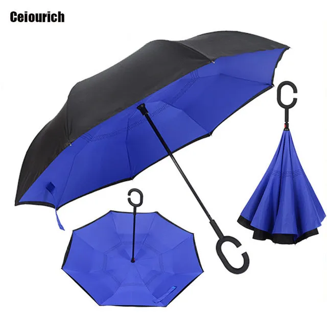 Ceiourich Popular Pure Color Double Layer Car Reverse Umbrellas With Pothook Windproof Fishing Shopping Umbrella-001