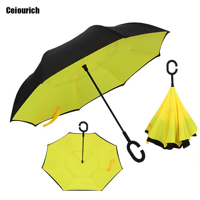 Ceiourich Popular Pure Color Double Layer Car Reverse Umbrellas With Pothook Windproof Fishing Shopping Umbrella-001