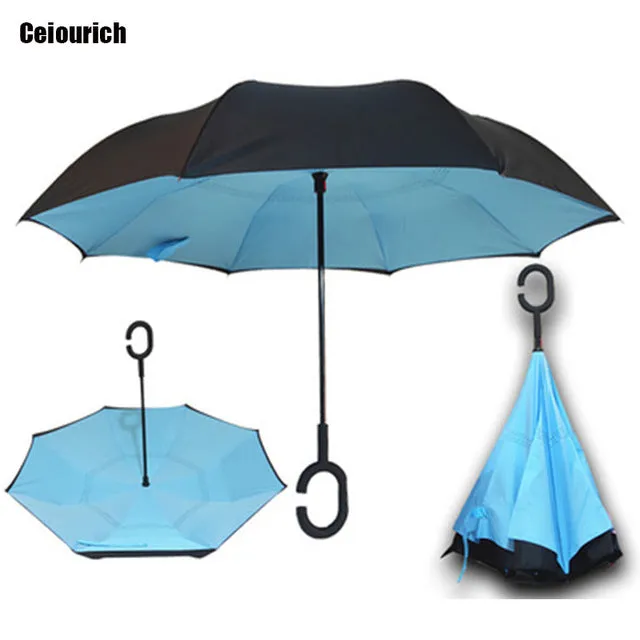 Ceiourich Popular Pure Color Double Layer Car Reverse Umbrellas With Pothook Windproof Fishing Shopping Umbrella-001
