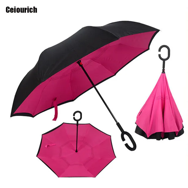 Ceiourich Popular Pure Color Double Layer Car Reverse Umbrellas With Pothook Windproof Fishing Shopping Umbrella-001