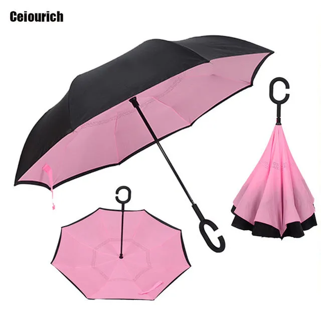 Ceiourich Popular Pure Color Double Layer Car Reverse Umbrellas With Pothook Windproof Fishing Shopping Umbrella-001