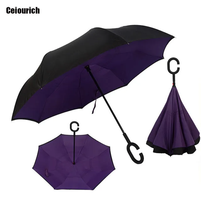 Ceiourich Popular Pure Color Double Layer Car Reverse Umbrellas With Pothook Windproof Fishing Shopping Umbrella-001