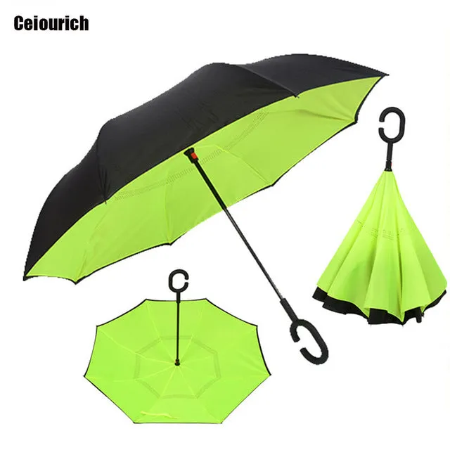 Ceiourich Popular Pure Color Double Layer Car Reverse Umbrellas With Pothook Windproof Fishing Shopping Umbrella-001