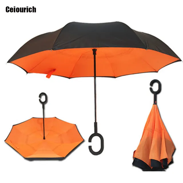 Ceiourich Popular Pure Color Double Layer Car Reverse Umbrellas With Pothook Windproof Fishing Shopping Umbrella-001