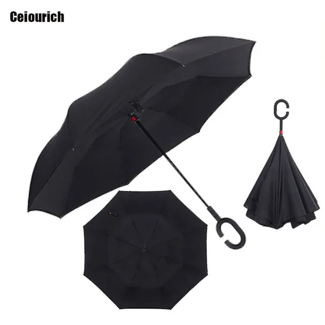 Ceiourich Popular Pure Color Double Layer Car Reverse Umbrellas With Pothook Windproof Fishing Shopping Umbrella-001