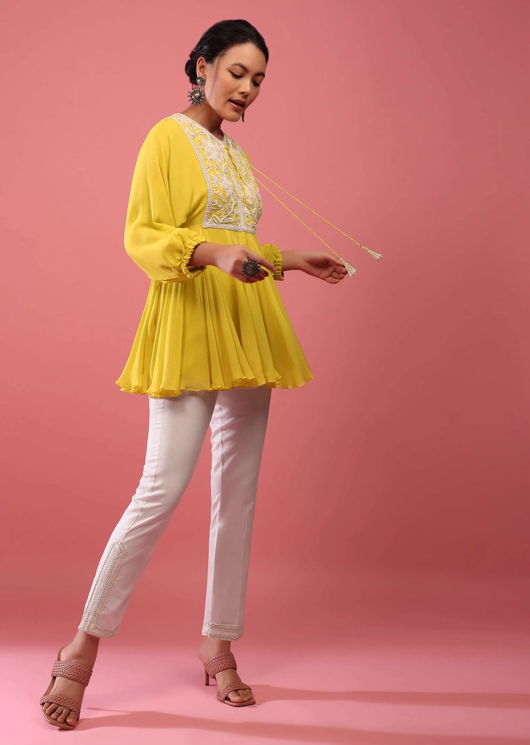Cyber Yellow Top And Pant Set In Georgette With Empire Line Cut And Embroidery
