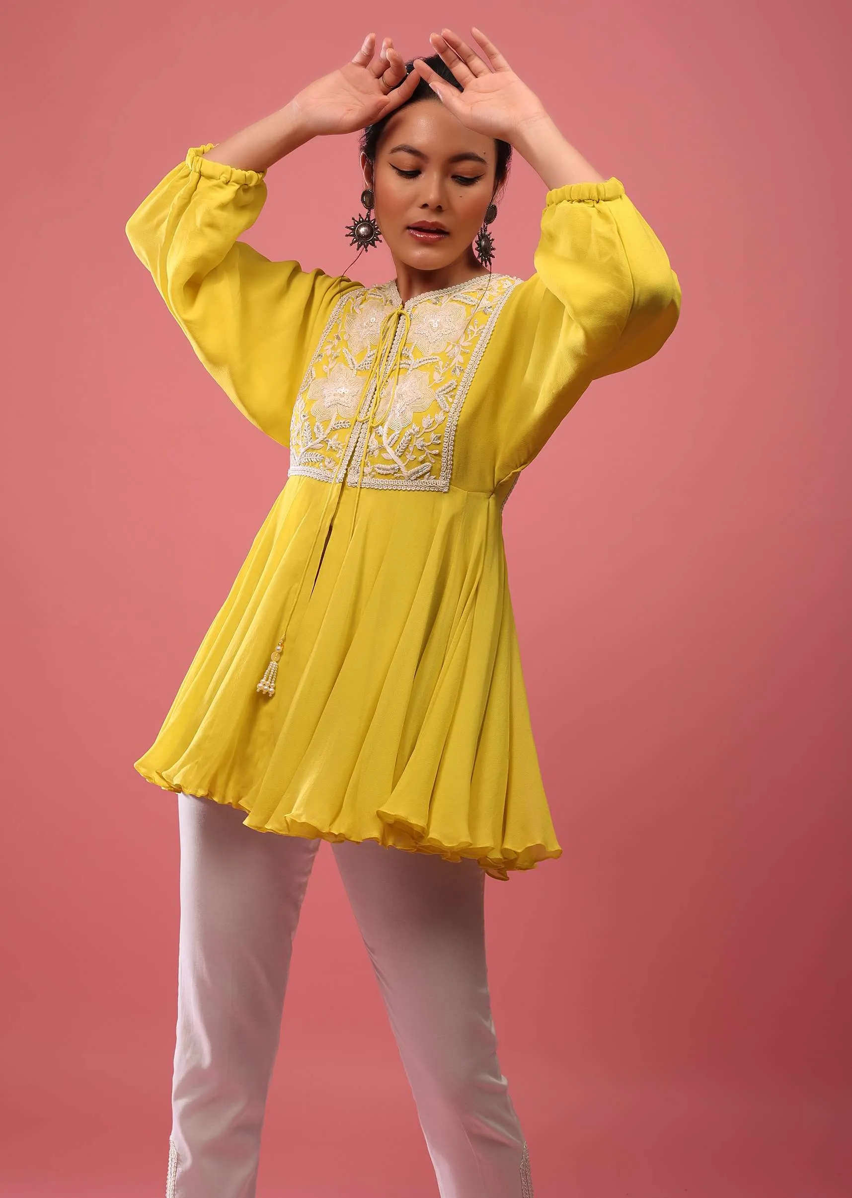 Cyber Yellow Top And Pant Set In Georgette With Empire Line Cut And Embroidery