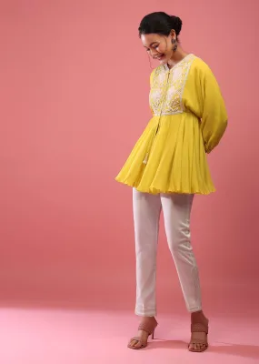 Cyber Yellow Top And Pant Set In Georgette With Empire Line Cut And Embroidery