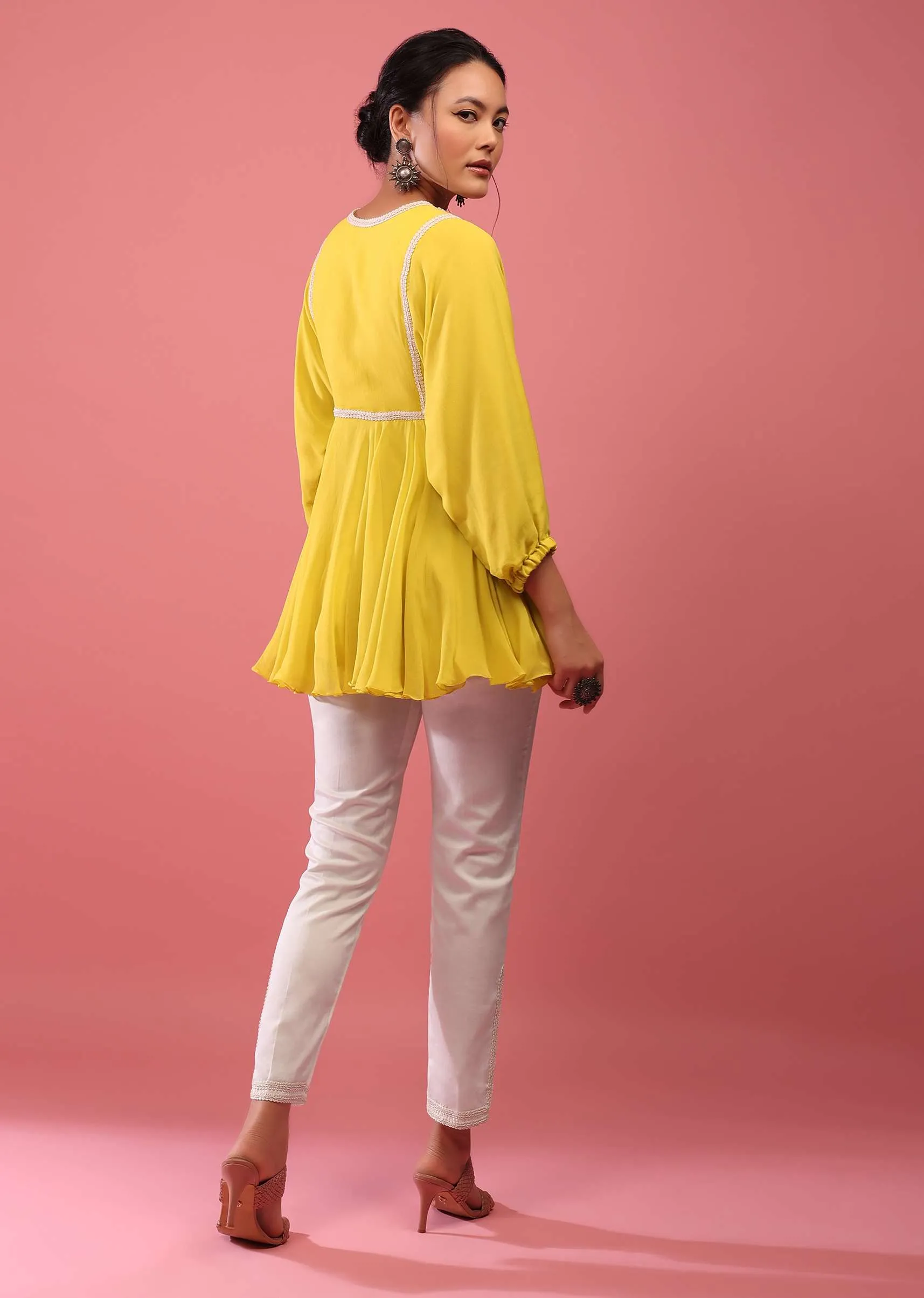 Cyber Yellow Top And Pant Set In Georgette With Empire Line Cut And Embroidery