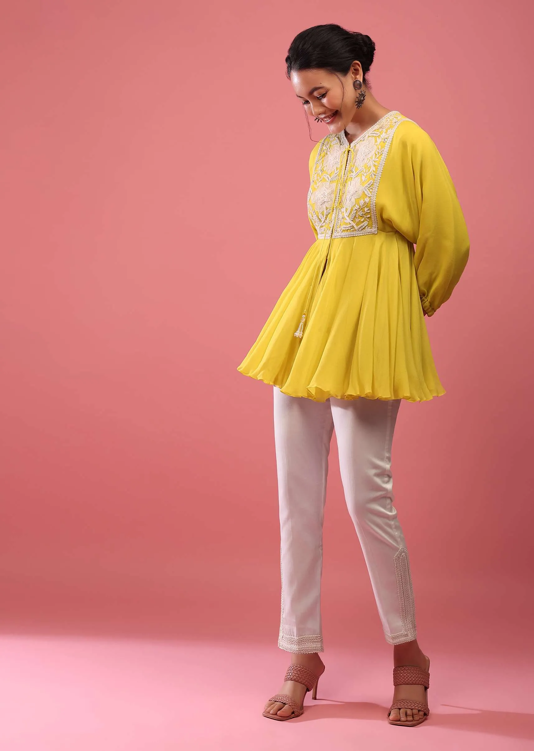 Cyber Yellow Top And Pant Set In Georgette With Empire Line Cut And Embroidery