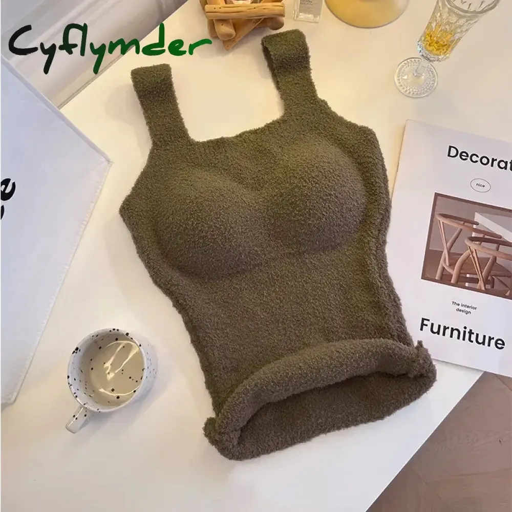 Cyflymder Women Undershirt Warm Vest with Bra Lambswool Thermal Underwear Bottoming Clothing Solid Color Slim Fashion Soft Autumn Winter