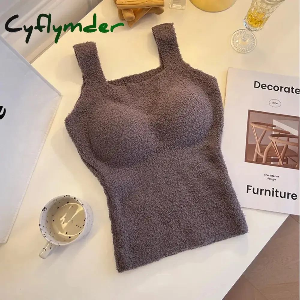 Cyflymder Women Undershirt Warm Vest with Bra Lambswool Thermal Underwear Bottoming Clothing Solid Color Slim Fashion Soft Autumn Winter