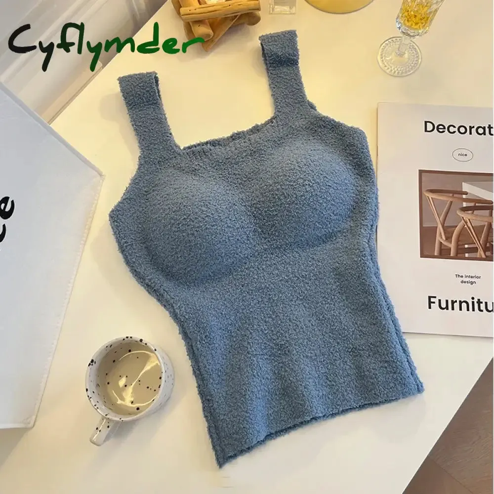 Cyflymder Women Undershirt Warm Vest with Bra Lambswool Thermal Underwear Bottoming Clothing Solid Color Slim Fashion Soft Autumn Winter