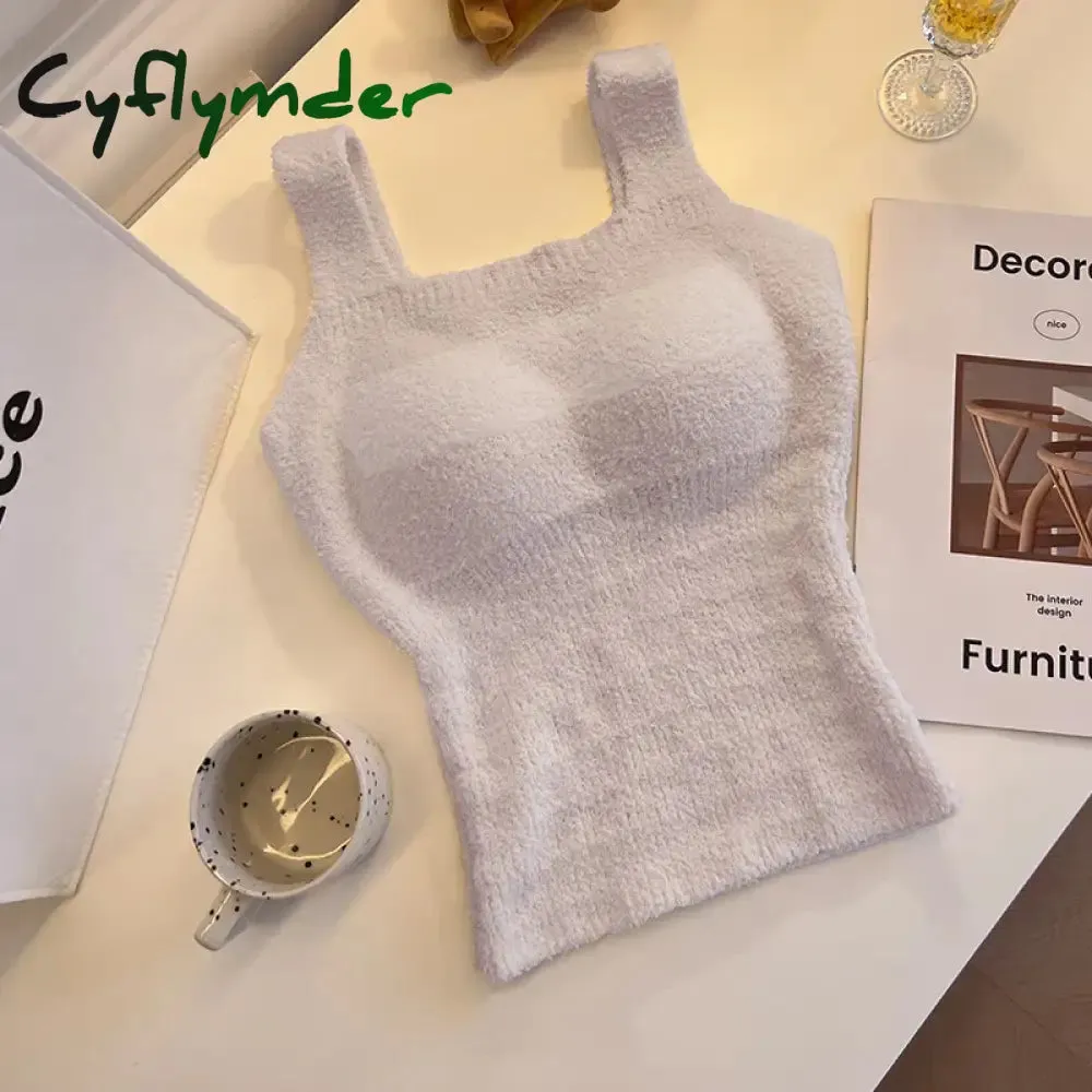 Cyflymder Women Undershirt Warm Vest with Bra Lambswool Thermal Underwear Bottoming Clothing Solid Color Slim Fashion Soft Autumn Winter
