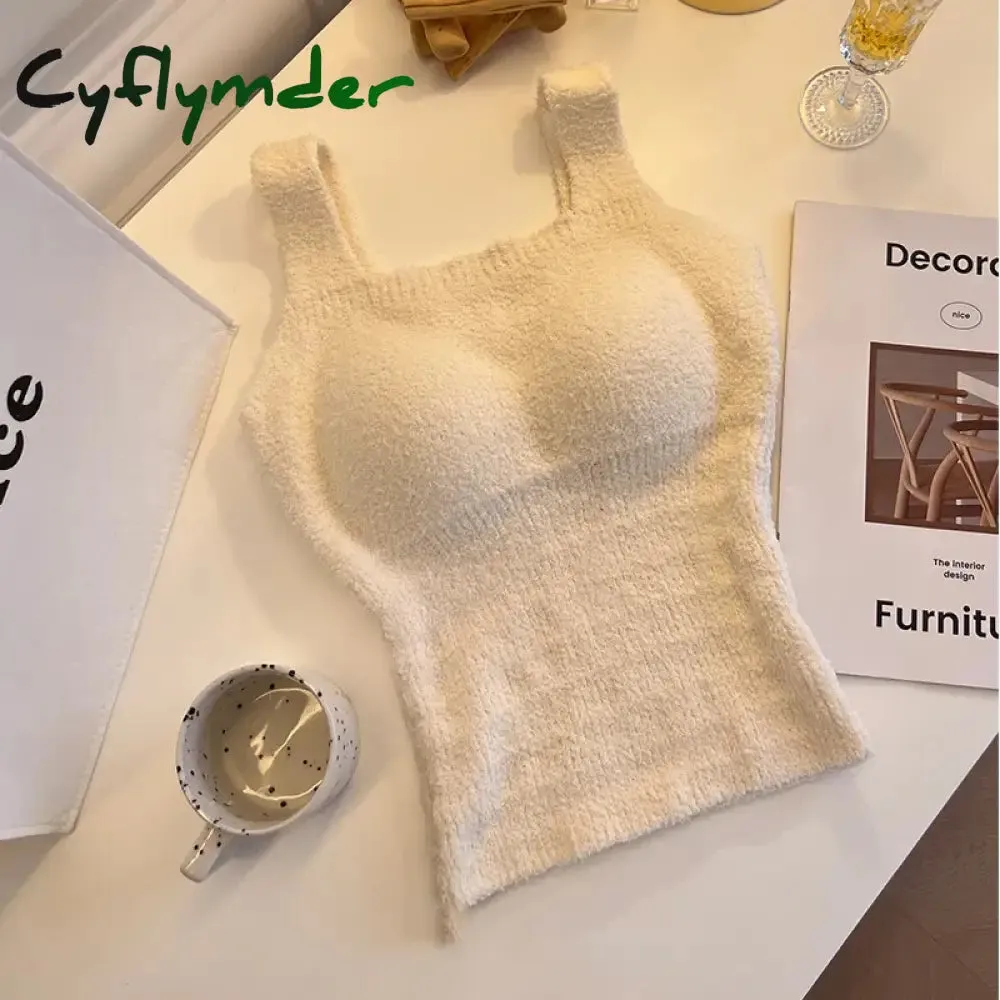 Cyflymder Women Undershirt Warm Vest with Bra Lambswool Thermal Underwear Bottoming Clothing Solid Color Slim Fashion Soft Autumn Winter