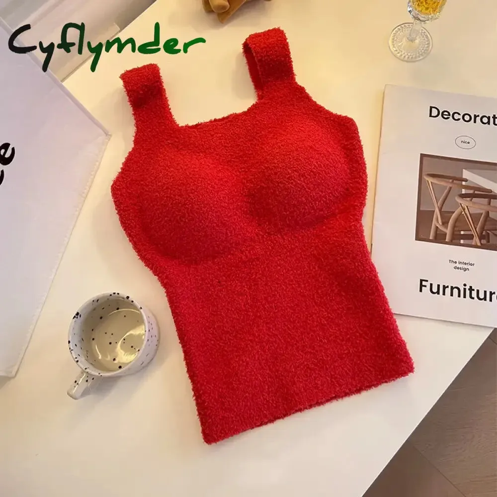 Cyflymder Women Undershirt Warm Vest with Bra Lambswool Thermal Underwear Bottoming Clothing Solid Color Slim Fashion Soft Autumn Winter