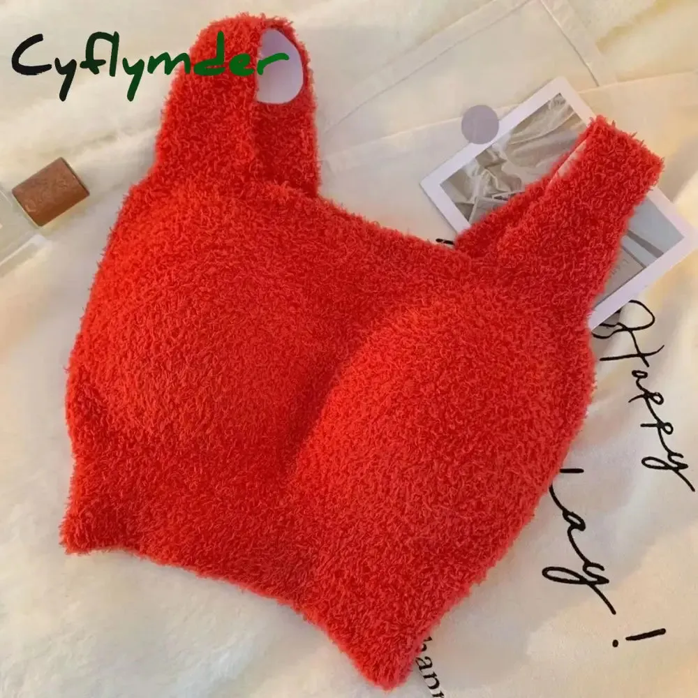 Cyflymder Women Undershirt Warm Vest with Bra Lambswool Thermal Underwear Bottoming Clothing Solid Color Slim Fashion Soft Autumn Winter