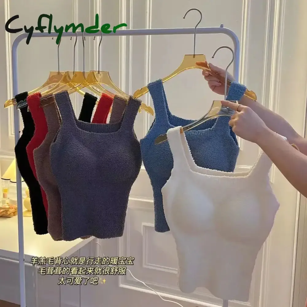 Cyflymder Women Undershirt Warm Vest with Bra Lambswool Thermal Underwear Bottoming Clothing Solid Color Slim Fashion Soft Autumn Winter