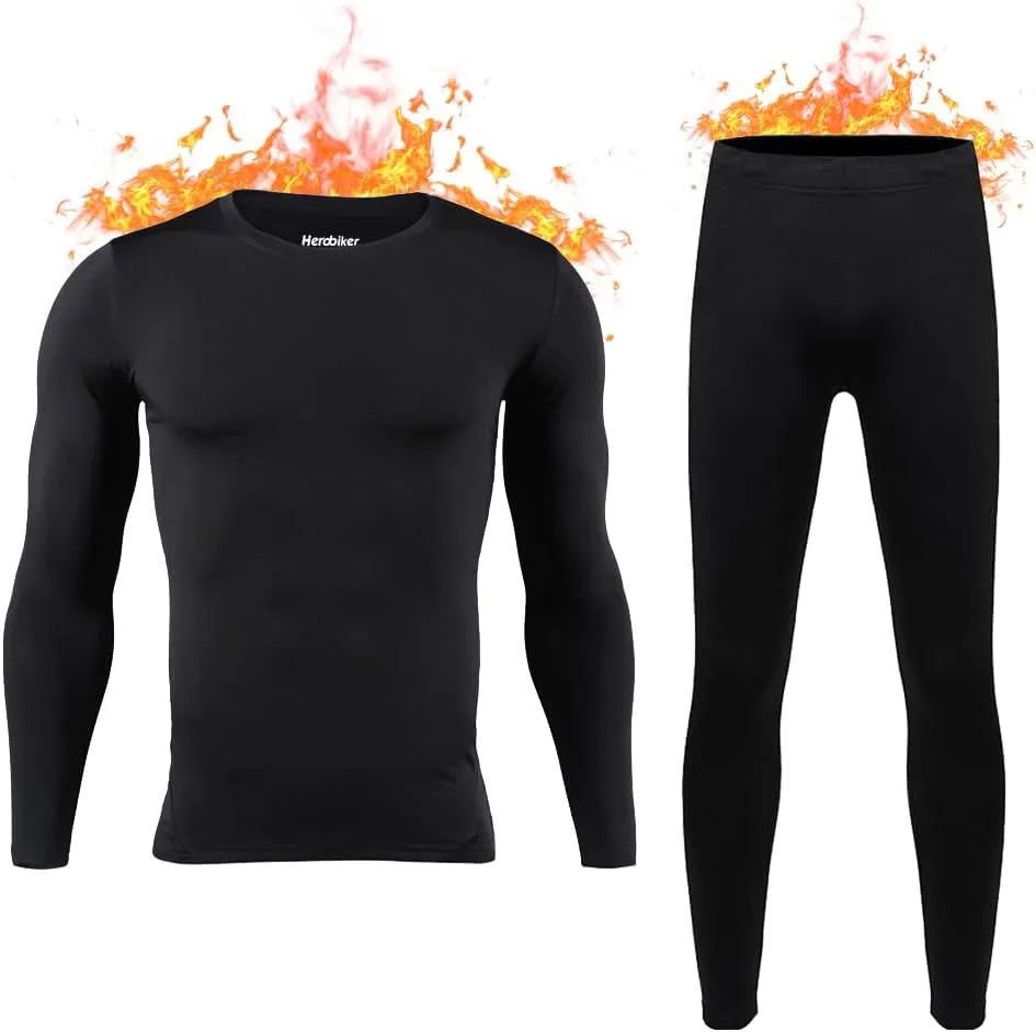 HEROBIKER Mens Thermal Underwear Set Skiing Winter Warm Base Layers Tight Long Johns Top & Bottom Set with Fleece Lined Black