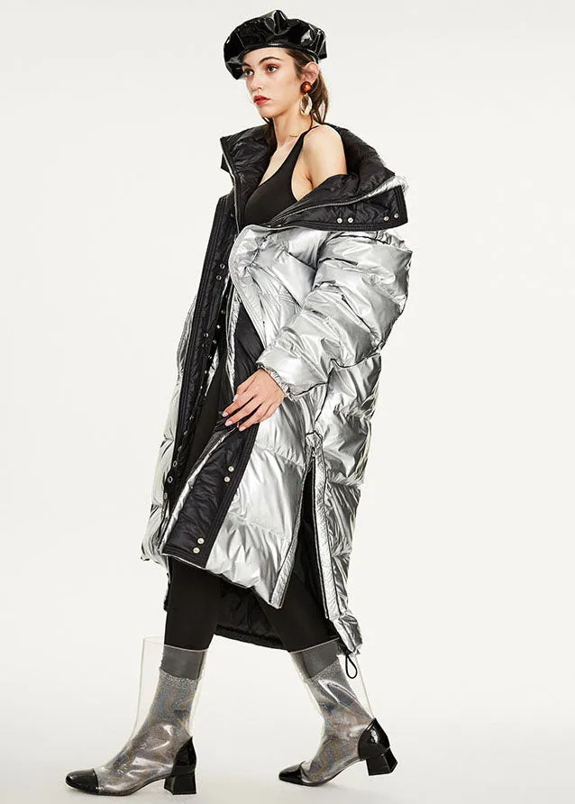 Italian Silvery Oversized Zippered Lengthen Duck Down Winter Coats