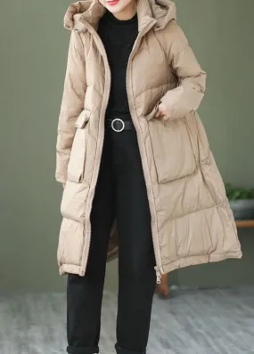 Khaki Casual Duck Down Down Jacket Hooded Winter