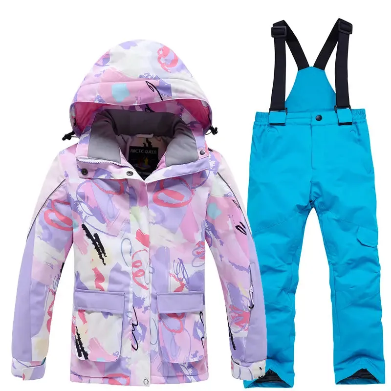 Kids Cartoon Printed Snow Jackets & Bibs Pants Waterproof