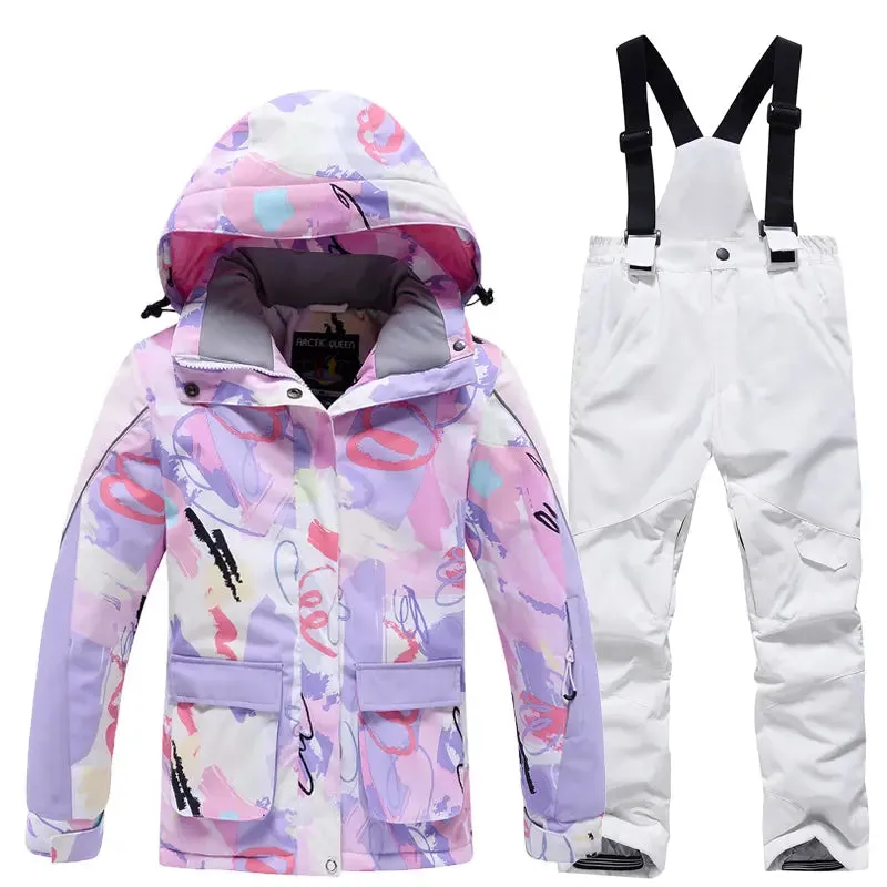 Kids Cartoon Printed Snow Jackets & Bibs Pants Waterproof