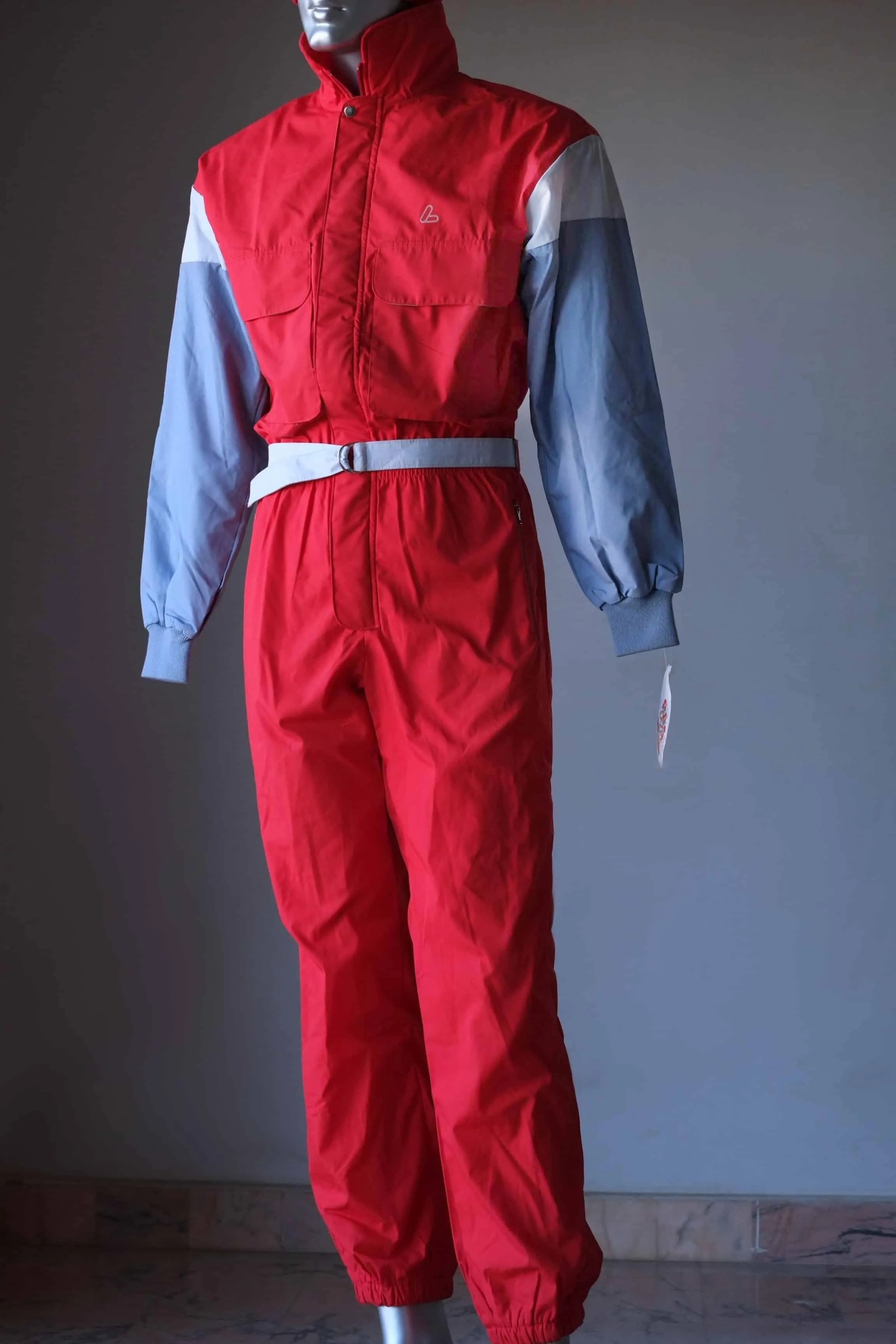 LÖFFLER Vintage 80s Ski Suit - Retro Red and Gray One-Piece Snowsuit