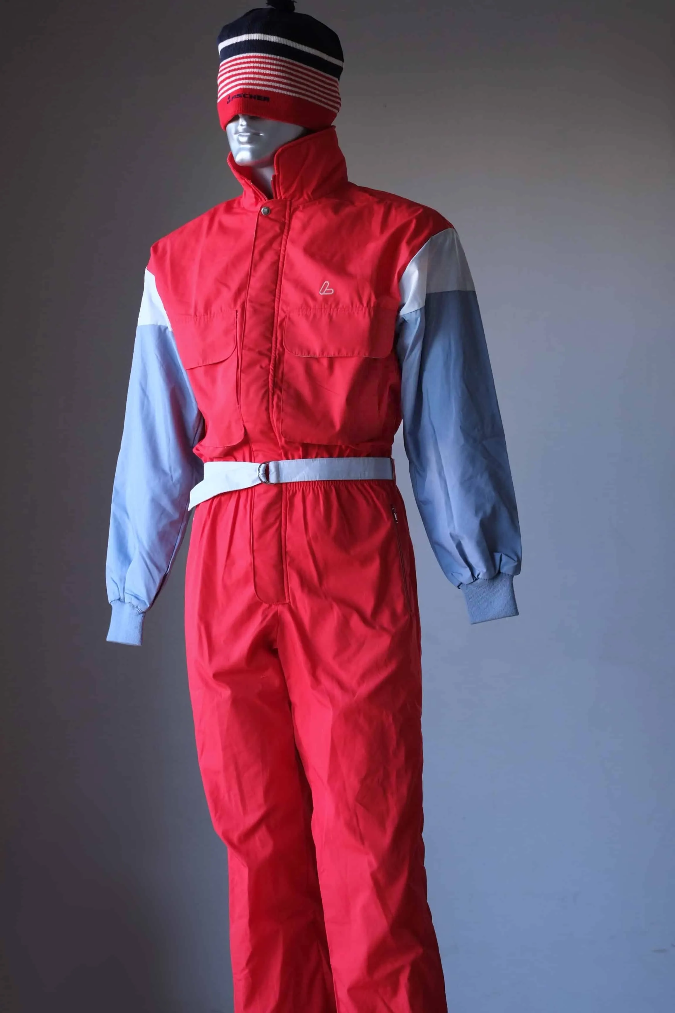 LÖFFLER Vintage 80s Ski Suit - Retro Red and Gray One-Piece Snowsuit