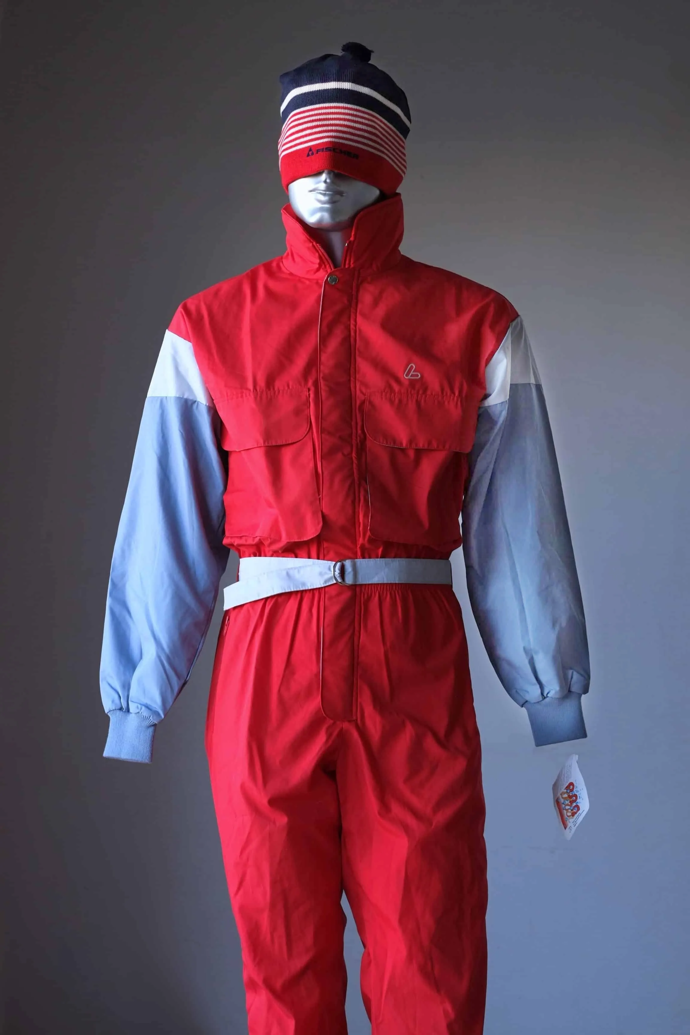 LÖFFLER Vintage 80s Ski Suit - Retro Red and Gray One-Piece Snowsuit