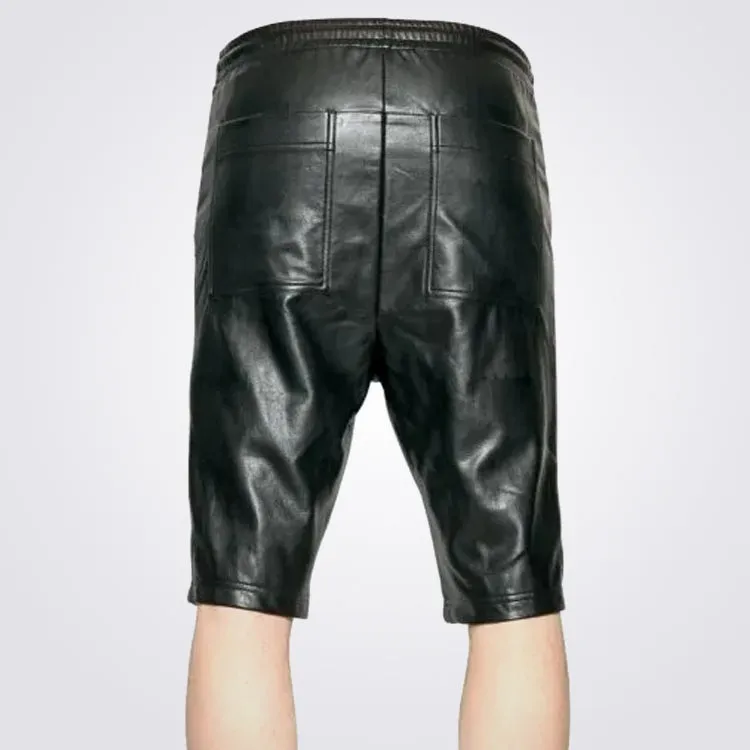 Mens Genuine Lambskin Black Leather Shorts with Elastic Waistband