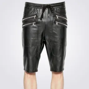 Mens Genuine Lambskin Black Leather Shorts with Elastic Waistband