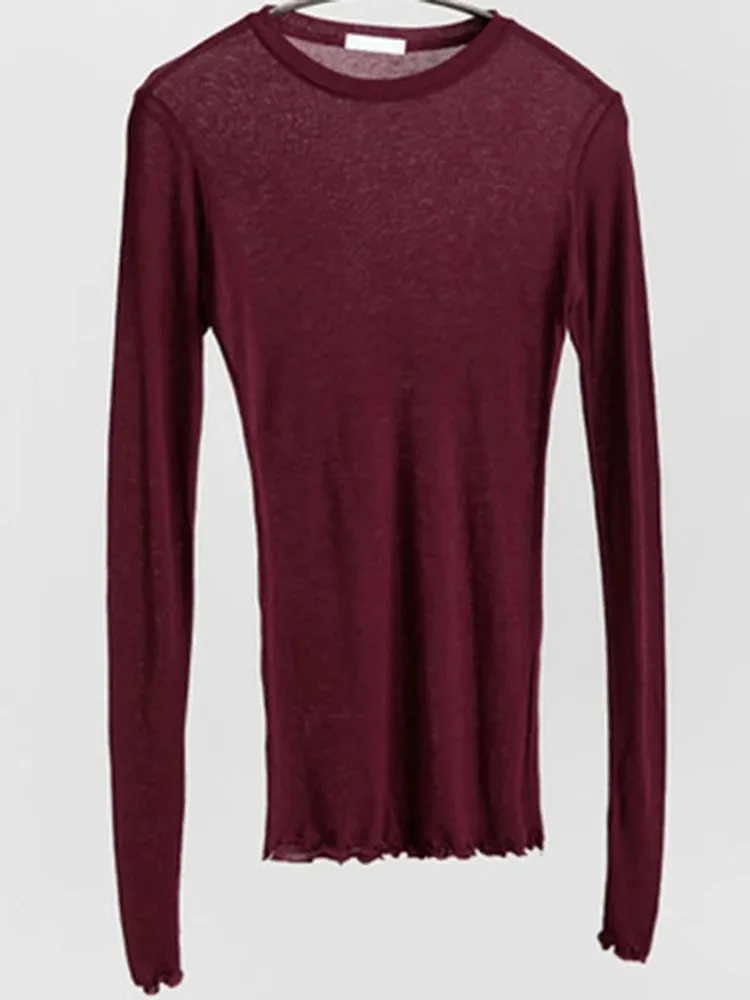 Plain Tee - T Shirt Womens Casual Tops Long Sleeve Thin