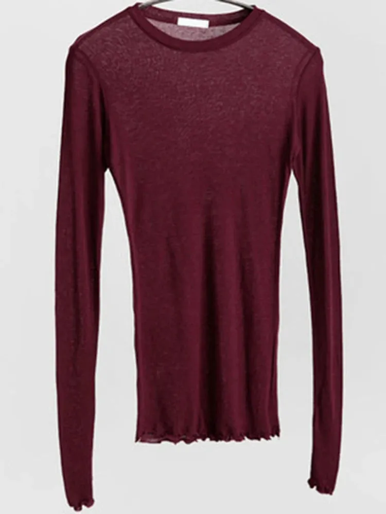 Plain Tee - T Shirt Womens Casual Tops Long Sleeve Thin