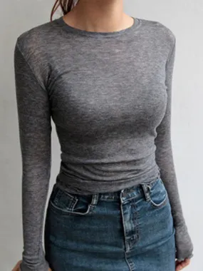 Plain Tee - T Shirt Womens Casual Tops Long Sleeve Thin