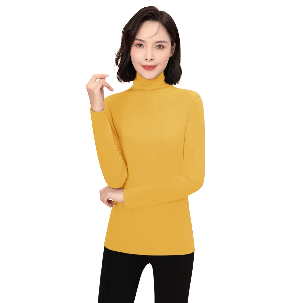 Sidiou Group Winter Women Slim Fit Long Sleeve Bottoming T Shirt Ladies Dralon Thickened High Neck Fleece Elastic Thermal Underwear Top
