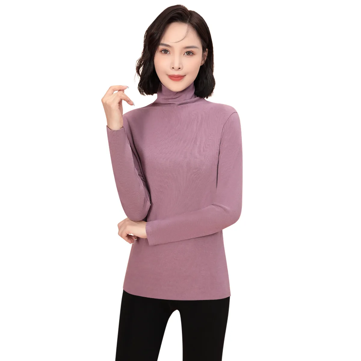 Sidiou Group Winter Women Slim Fit Long Sleeve Bottoming T Shirt Ladies Dralon Thickened High Neck Fleece Elastic Thermal Underwear Top