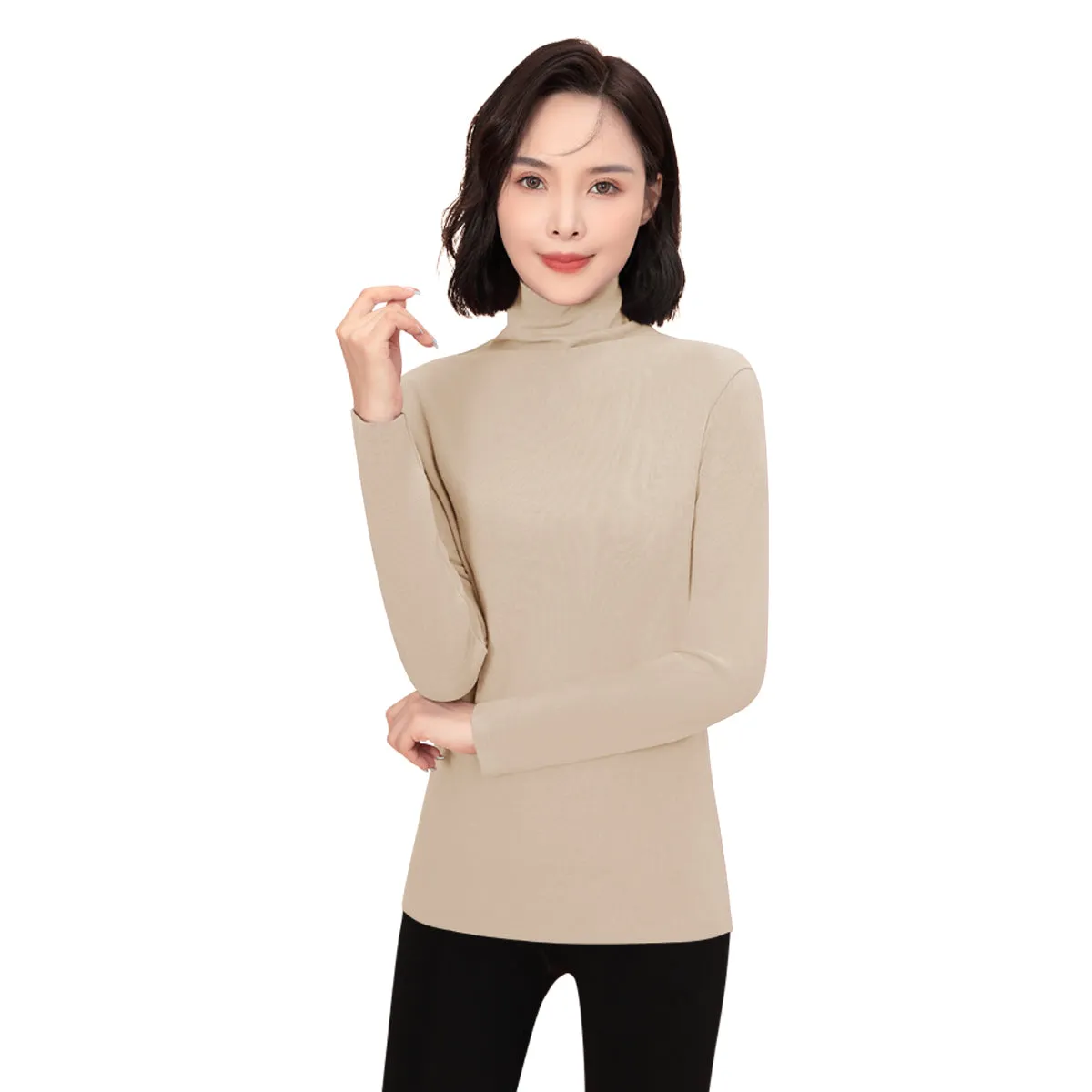 Sidiou Group Winter Women Slim Fit Long Sleeve Bottoming T Shirt Ladies Dralon Thickened High Neck Fleece Elastic Thermal Underwear Top