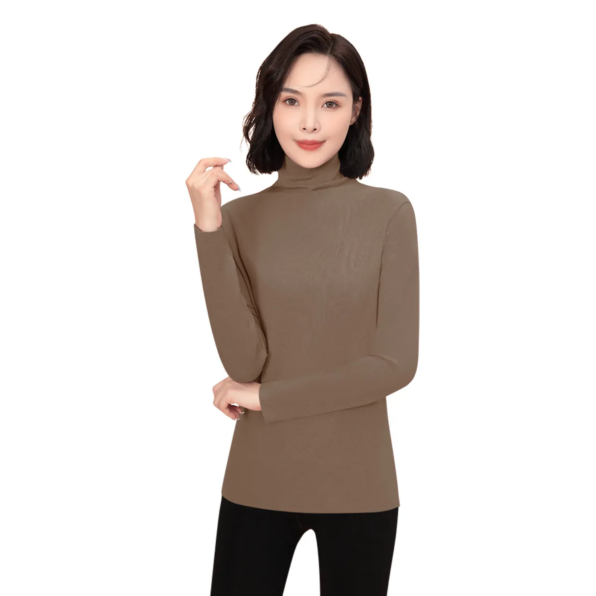 Sidiou Group Winter Women Slim Fit Long Sleeve Bottoming T Shirt Ladies Dralon Thickened High Neck Fleece Elastic Thermal Underwear Top