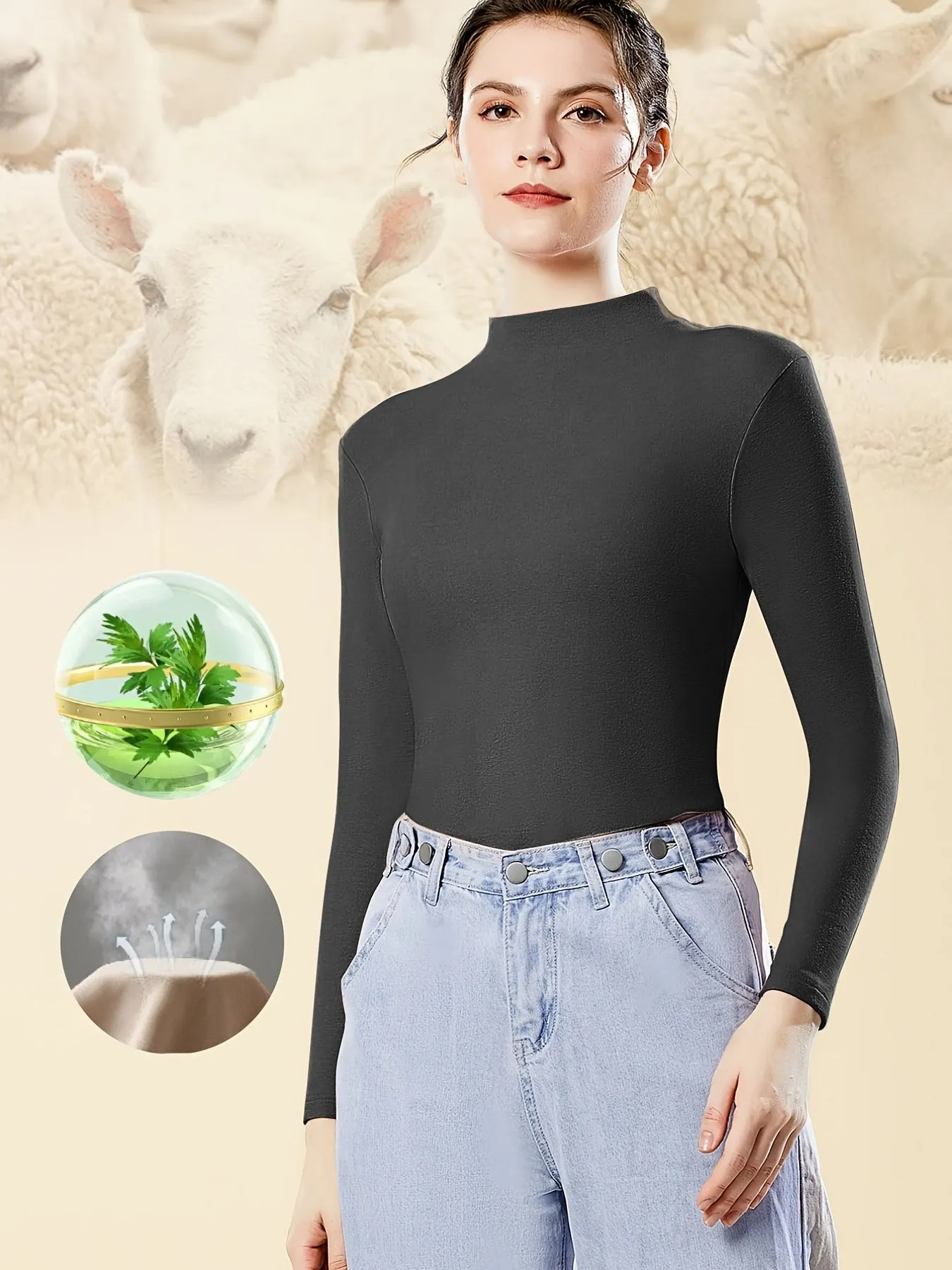 Soft Intimate Mid-Neck Stretchy Thermal Underwear, Thin Comfortable Solid Color Long Sleeve Top, Women's Lingerie & Sleepwear