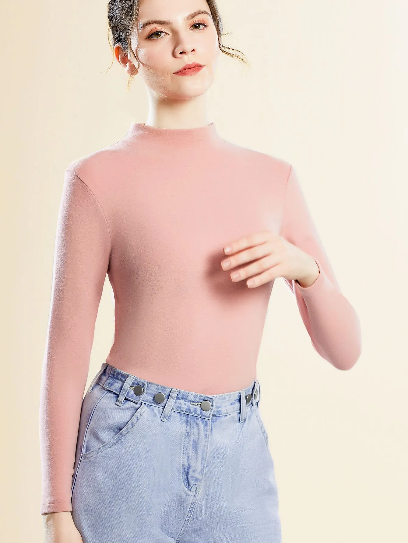 Soft Intimate Mid-Neck Stretchy Thermal Underwear, Thin Comfortable Solid Color Long Sleeve Top, Women's Lingerie & Sleepwear