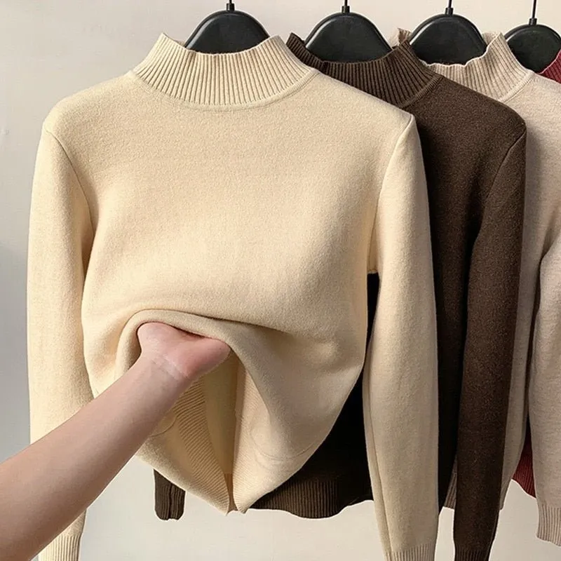 Thick Velvet One-Piece Tops Wear Female Wool Mid-High Collar Warm Bottoming Shirt