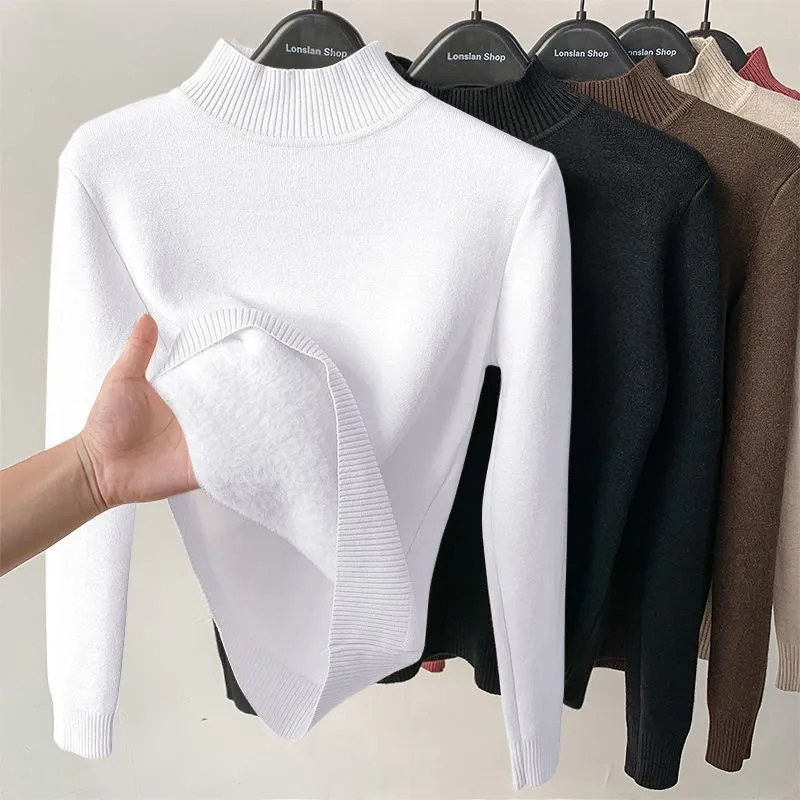 Thick Velvet One-Piece Tops Wear Female Wool Mid-High Collar Warm Bottoming Shirt