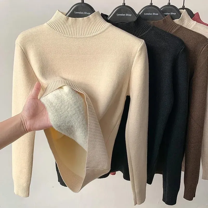 Thick Velvet One-Piece Tops Wear Female Wool Mid-High Collar Warm Bottoming Shirt