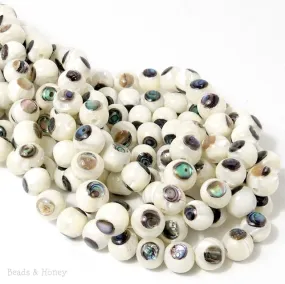 White Troca Shell with Abalone Shell Inlay Round 10mm (7.5-8 Inch Strand)