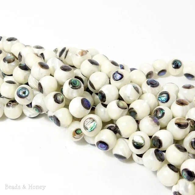White Troca Shell with Abalone Shell Inlay Round 10mm (7.5-8 Inch Strand)